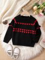 Young Girl Heart Pattern Ruffle Trim Raglan Sleeve Sweater