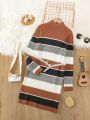 Tween Girl Striped Pattern Mock Neck Sweater Dress Without Belt