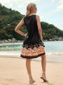 Floral Polka Dot Printed Sleeveless Dress For Women