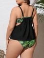 SHEIN Swim Classy Plus Size Women's Tropical Plant Print Sleeveless Bikini Bra Set