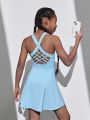 SHEIN Tween Girls' Knitted Solid Back Cross Hollow Out U Neck Casual Sports Dress