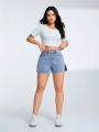 Water Washed Denim Shorts With Side Slit Detail