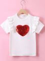 SHEIN Kids Y2Kool Sequin Heart Pattern Ruffle Trim Tee