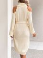 SHEIN Maternity High Neck Hollow Out Shoulder Belted Sweater Dress