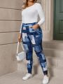 Plus Size Pants With Slanted Pockets And Patchwork Pattern Design