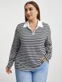 SHEIN Essnce Women's Plus Size Striped Collar Splicing Half Zipper Semi-open-neck T-shirt