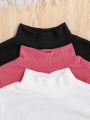 SHEIN Kids EVRYDAY Teenage Girls' Plain Stand Collar Casual T-shirt 3pcs/set