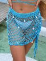 Hollow Out Drawstring Side Crochet Cover Up Skirt Without Bikini Bottom