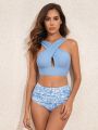 Cross Halter Neck Top & Random Printed Triangle Pant Bikini Set