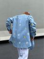 Men Floral Embroidery Pocket Patched Denim Shirt Without Tee