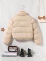 SHEIN Tween Girl Letter Patched Slant Pockets Puffer Coat Without Sweater