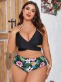 SHEIN Swim Vcay Plus Size Women'S Pineapple & Floral Print Three-Piece Swimsuit With Separated Top, Shorts And Skirt