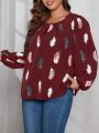 SHEIN LUNE Plus Feather Print Lantern Sleeve Ruched Front Blouse