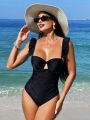 SHEIN Swim Chicsea Women'S Ruffled Shoulder Straps & Pleated Monokini Swimsuit