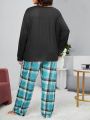 Large Size Love Printed Top And Plaid Trousers Home Wear Set