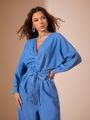 Batwing Sleeve Ruched Belted Denim Jumpsuit