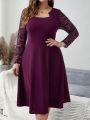 EMERY ROSE Plus Size Women's Lace Splice Long Sleeve Notched-neck Dress