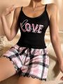 Text & Plaid Print Cami Top And Shorts Homewear Set