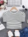 SHEIN Kids HYPEME Girls' Striped Knitted Short Sleeve T-Shirt For Daily Wear And Street Style