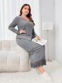 SHEIN Mulvari Plus Size Solid Color Crisscross Wrap T-shirt And Fringed Hem Skirt Two Piece Set