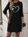 SHEIN LUNE Ladies' Heart & Leopard Print Long Sleeve Dress