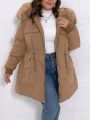 Plus Drawstring Waist Fuzzy Trim Hooded Parka Coat