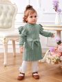 SHEIN Baby Girls' Casual Knitted Solid Color High Neck Ruffle Decor Long Sleeve Belted Dress