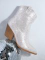 Rhinestone Pointy Toe Block Heel Boots