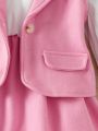 Baby Girls' Solid Color Woolen Vest With Color-Contrasting Dress Set