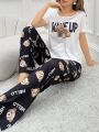 Women'S Cartoon Bear Sleepwear Set With Short Sleeve Top And Long Pants