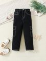 Girls' Contrast Stitching Cargo Jeans