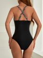 SHEIN DD+ Women's One-Piece Swimsuit With Leopard Print And Patchwork