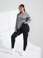 Yoga Basic Women's Plus Size Loose Color Blocking Drawstring Hoodie And Tight Breathable Sports Leggings Set