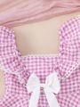 Baby Girl Plaid Patchwork Ruffle Hem Dress With Bow Decoration, Princess Bubble Dress