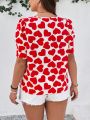 SHEIN LUNE Plus Size Heart Print Puff Sleeve Shirt