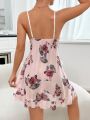 Floral Print Lace Trim Ruffle Hem Mesh Cami Nightdress