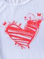 SHEIN Kids HYPEME Tween Girls' Casual Heart Printed Short Sleeve T-Shirt