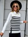 SHEIN LUNE Striped Pattern Split Hem Sweater Vest Without Blouse