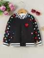 SHEIN Kids EVRYDAY Girls' Heart Shaped Printed Drop Shoulder Jacket