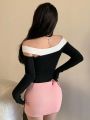 DAZY Color-block Wow Letter Off Shoulder Sweater