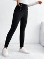 SHEIN Frenchy High Waist Fleece Legging With Botton Decor