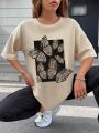 Isa Taval Butterfly Pattern Short Sleeve Casual T-Shirt With Round Neck