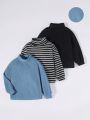 SHEIN Kids EVRYDAY Toddler Boys' Casual And Comfortable High Neck Striped Knit Sweater With Black And Blue Solid Color Tops Set