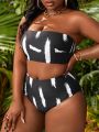 SHEIN Swim SXY Plus Brush Print Bandeau Bikini Swimsuit With Cover Up Dress