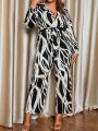 SHEIN Privé All-over Printed Shirt Style Plus Size Jumpsuit For Women