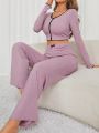 Solid Color Lace Decor Women's Pajama Set