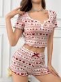 Lace Hem & Neckline Cut Out & Printed Sleepwear Set