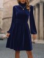 Mock Neck Lantern Sleeve Velvet Dress