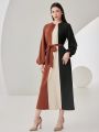 SHEIN Modely Women's Color Block Lantern Sleeve Dress With Belt