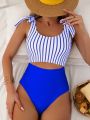 SHEIN Swim Striped Cut Out Tie Shoulder One Piece Swimsuit